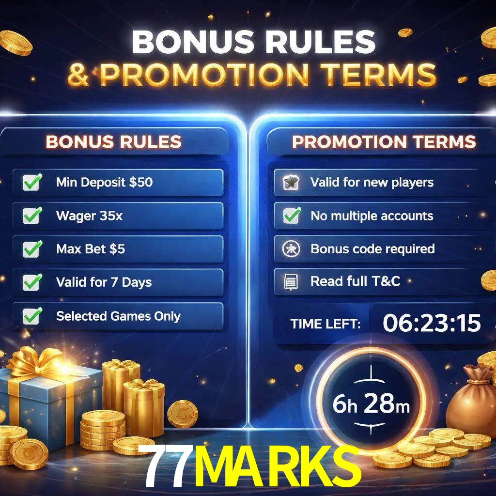 Reglas de promoción 77MARKS y condiciones de bonos explicadas visualmente