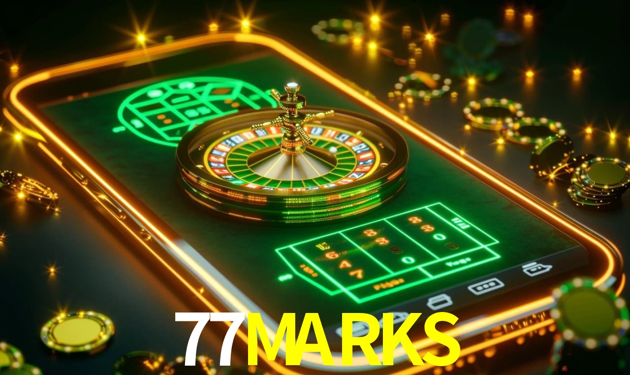 Escena dinámica inspirada en casino con iluminación 77MARKS, cartas, fichas e íconos de juegos digitales en un espacio moderno de juegos.