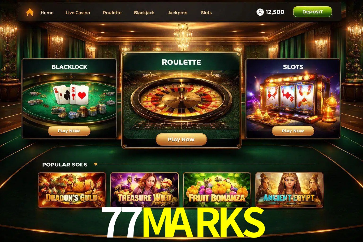 Vista de la plataforma 77MARKS Casino mostrando categorías organizadas de juegos en línea