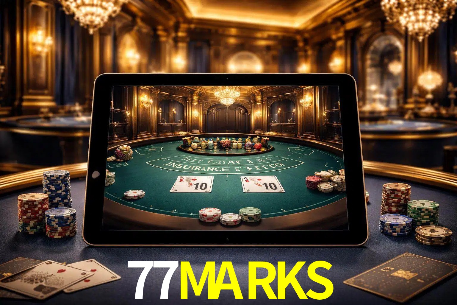 Configuración moderna de casino en vivo con una tableta mostrando una mesa de blackjack, luces cálidas de estudio y una atmósfera elegante de juegos digitales.