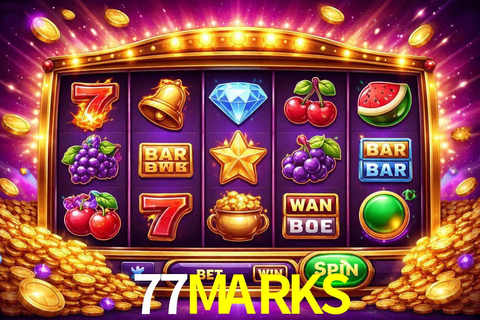 Una interfaz colorida de tragamonedas en línea con símbolos brillantes, monedas y un efecto de victoria celebratoria en 77MARKS.